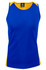 A blue singlet with yellow accent panels and a logo on the upper back.