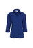 A women's button-up shirt in navy blue with 3/4 sleeves and a collar, featuring a logo on the label.