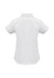 A white women's short sleeve button-up shirt with a collar and a logo on the back.