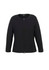 A black women's 2-way zip cardigan with long sleeves and a fitted design. It features a logo on the collar.