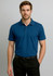 A short-sleeve polo shirt in navy blue, featuring a collar and a logo, worn by a man against a grey background.