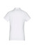 A white women's short sleeve polo shirt with a plain back and a logo on the neckline.