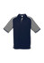 A navy and grey short sleeve polo shirt featuring contrast detailing and a collar, with a logo on the chest.