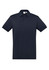 A navy short sleeve polo shirt with a collar, featuring three buttons and a logo on the chest.