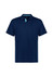 A navy blue kids' polo shirt with short sleeves and light blue accents, featuring a logo on the chest.