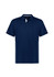 A navy blue kids' polo shirt with short sleeves, featuring a collar and a logo on the left side.
