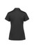A women's black short sleeve polo shirt with a classic collar and a plain back, featuring a logo.