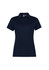 A navy short sleeve polo shirt for women with a collared neckline and three buttons. Features a logo.