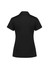A black women's short sleeve polo shirt with a collar and a logo. The shirt has a fitted design.
