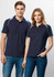 A navy blue women's polo shirt featuring light blue accents and a logo. Suitable for casual or promotional wear.