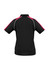 A black women's short sleeve polo shirt with red and white accents. It features a collar and has a logo.
