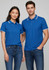 A blue short sleeve polo shirt for women and men, featuring contrasting collar and sleeves, with a logo.