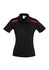 A black women's polo shirt with red accent stripes and a collar. It features a logo on the chest area.