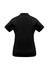 A women's short sleeve polo shirt in black with red detailing and a logo on the back.
