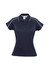 A women's short sleeve polo shirt in navy blue with white detailing and a logo.
