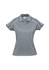 A women's short sleeve polo shirt in grey with black detailing and a logo.