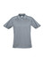 A grey men's short sleeve polo shirt with contrast piping and a logo. 