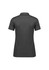 A women's short sleeve polo shirt in dark grey, featuring a collar and a logo.
