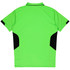 A bright green polo shirt with black accents on the sides and a collar. The design features a logo.