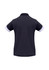 A black short sleeve polo shirt with white trim and a logo on the back.