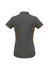A women's short sleeve polo shirt in grey with orange detailing and a logo. The back view displays a streamlined design.