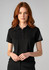 A black women's short sleeve polo shirt with mesh detail on the sleeves, featuring a logo.