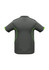 A grey short sleeve polo shirt featuring green detailing and a logo on the back.