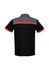 A black short sleeve polo shirt featuring grey and orange stripes. The shirt has a branding logo on it.