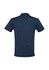 A navy blue men's short sleeve polo shirt with a collar and a logo on the back.