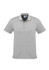 A grey short sleeve polo shirt with a collar and a logo on the chest.