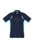 A navy blue short sleeve polo shirt with light blue accents and a logo on the chest.