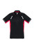 A black and red men's polo shirt featuring short sleeves and contrasting detailing, with a logo.