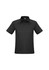 A short sleeve polo shirt in black, featuring a collar and three buttons, with a subtle textured pattern.