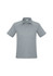 A light grey men's short sleeve polo shirt with a collar and three-button placket, featuring a logo.