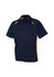 A navy and yellow kids' polo shirt featuring short sleeves and a collar, with a logo on the chest.