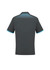 A dark grey men's polo shirt with light blue accents and a patterned design on the back. It features a logo.