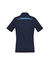 A navy blue women's short sleeve polo shirt featuring a contrasting light blue stripe on the back and a logo.