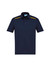 A navy short sleeve polo shirt featuring yellow accents and a logo.