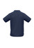 A navy blue men's short sleeve polo shirt featuring contrasting side stripes and a collar. It includes a logo on the front.