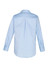 A light blue long sleeve button-up shirt featuring a back pleat and button cuffs, with a collar and a logo.