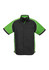 A black and green short sleeve button-up shirt featuring contrasting panels and a logo.