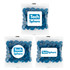 A clear bag containing blue mini jelly beans with a logo on the front. Three bags displayed together.