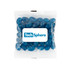 A clear cello bag filled with blue jelly beans, featuring a logo on the front.