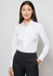 A white long sleeve button-up shirt styled with a classic collar, paired with black trousers. The shirt features branding.
