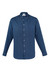 A button-up shirt in a solid navy blue colour with long sleeves and a collar. It features a logo on the label.