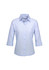 A light blue women's button-up shirt with 3/4 sleeves and a collar. It features a logo on the chest area.