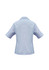 A light blue women's button-up shirt with short sleeves and a back view. Features a logo on the upper back.
