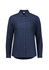 A women's long sleeve button-up shirt in navy blue with a collared neckline and a logo.