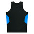 A black singlet featuring blue side panels, designed for kids, with a logo on the back.