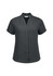 A short-sleeve women's button-up shirt in dark grey with a sleek collar and a logo.